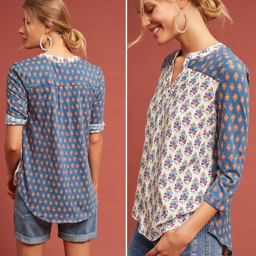 Anthropologie Maeve Mandan Arriba Colorful Boho Floral 3/4 Sleeve Top Size M